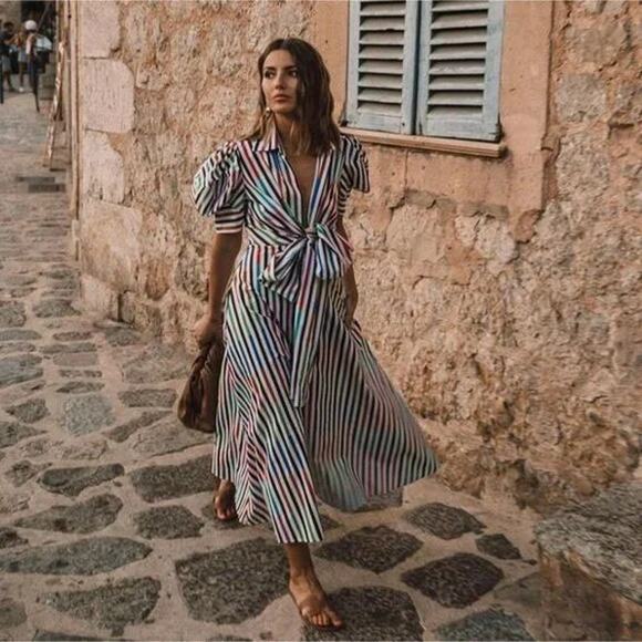 Silvia Tcherassi Roopal Color-Block Shirt Dress in Sangria Stripes, Sz S - Picture 2 of 14